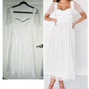 Dreamy Celebration White Tulle Bustier Swiss Dot Midi Dress Size Medium NWOT